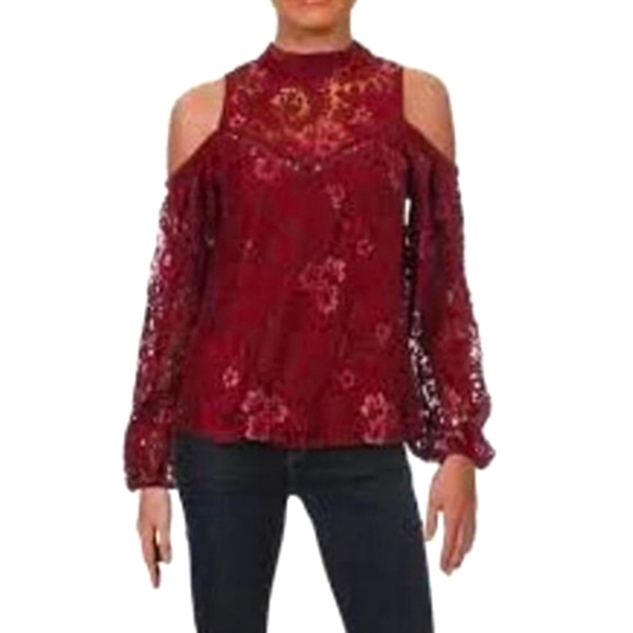 WAYF Burgundy Floral Lace Cold Off the Shoulder Blouse Size S - Picture 1 of 7